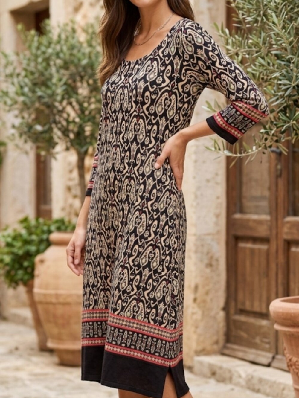 Robbie Bee Black Cream Ikat Boho Midi Dress M